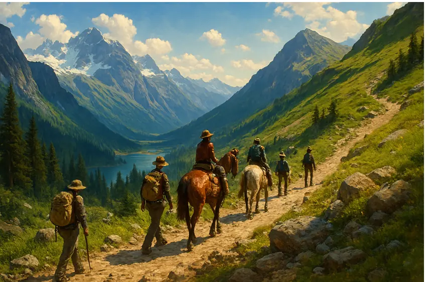 Trekking route image of people going for char dham yatra